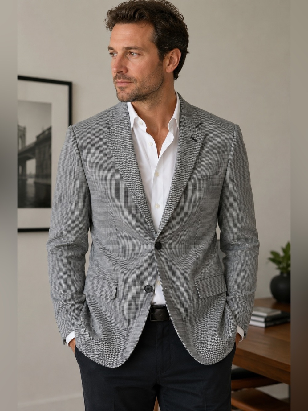 Haggar Men's Houndstooth Black and Gray Blazer Size 40L Classic Fit